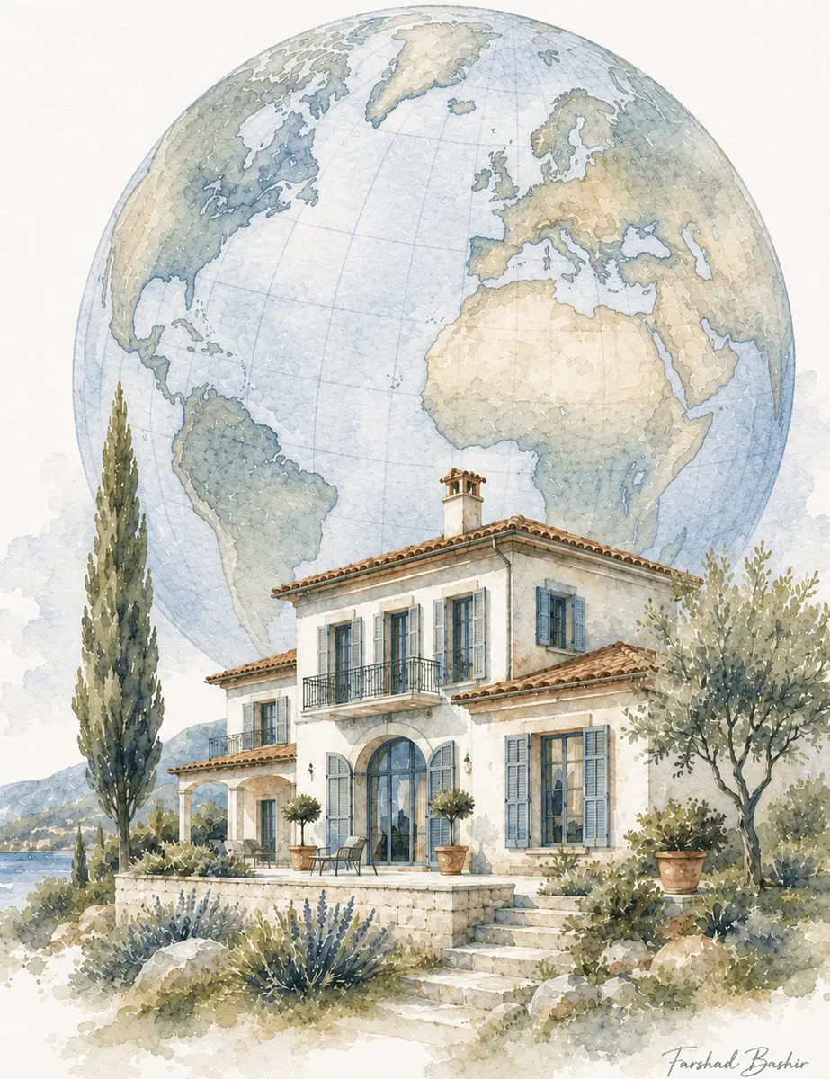 Aquarelillustratie van een buitenlandse woning met een wereldbol op de achtergrond