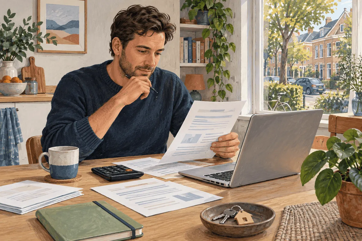 Een huiseigenaar bekijkt hypotheekpapieren aan een tafel met een laptop, rekenmachine en huissleutels.
