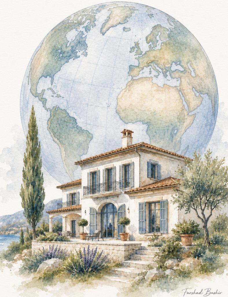 Aquarelillustratie van een buitenlandse woning met een wereldbol op de achtergrond