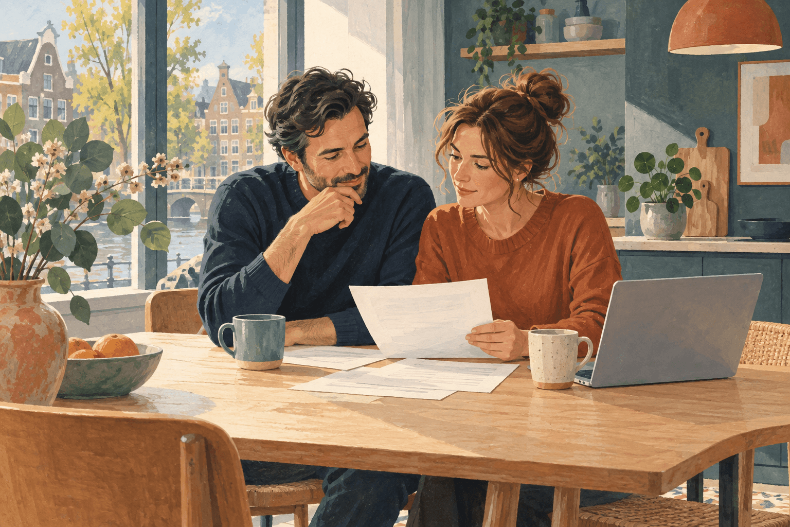 Twee partners bekijken samen papieren aan een keukentafel met een laptop.